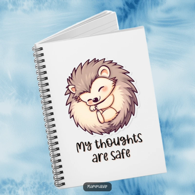 Funny hedgehog notebook showing a cute hedgehog character curled into a ball, inspiring private thoughts and humorous reflections for all your writing needs.