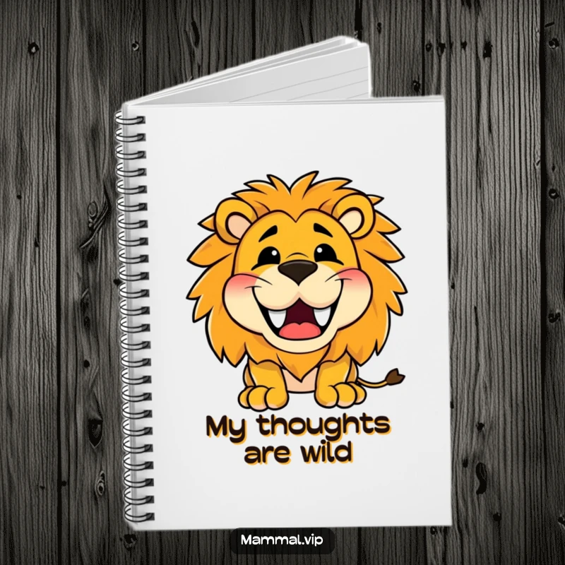 Funny notebook with a happy lion character roaring with a wide, toothy grin, encouraging bold ideas and enthusiastic note-taking.