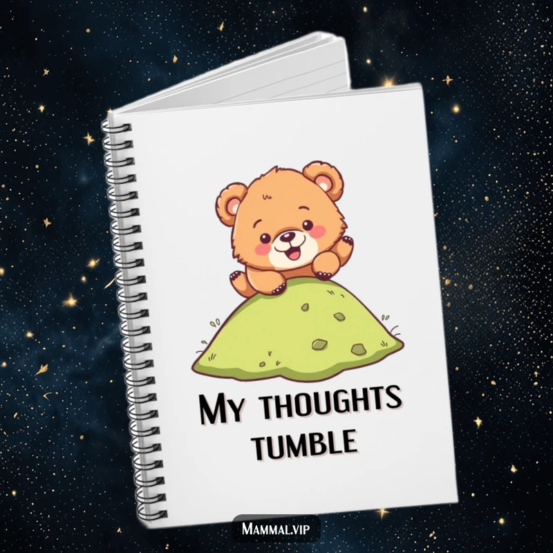 Funny notebook with a bear cub character hilariously tumbling down a hill, inspiring playful note-taking and idea generation.