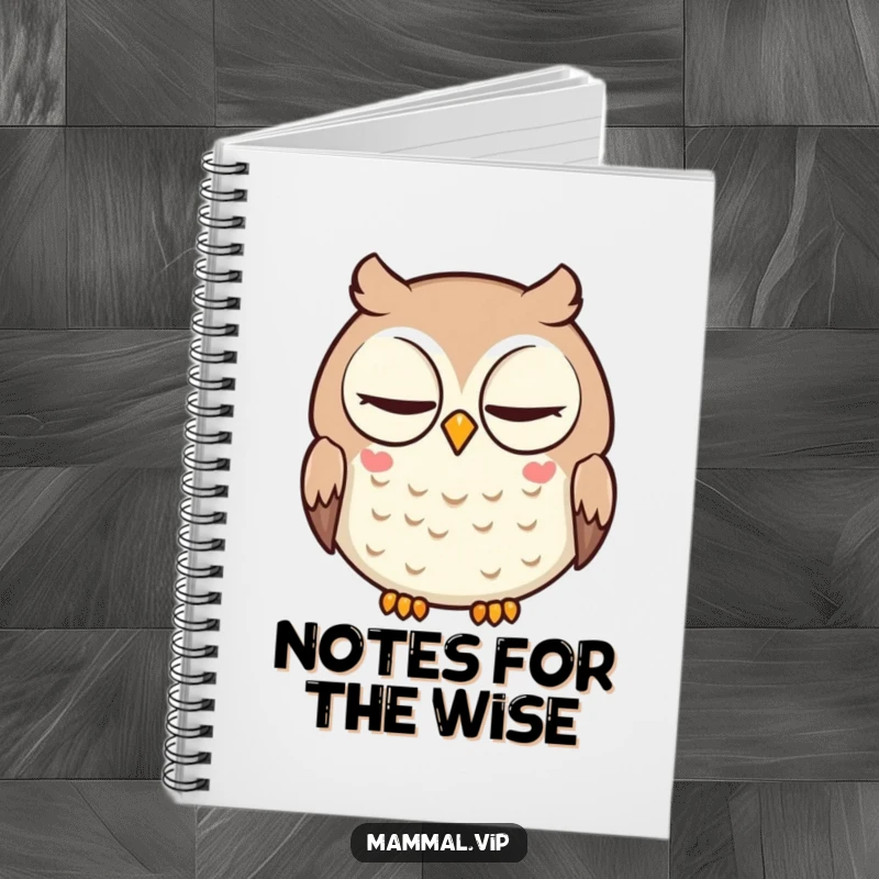 Funny notebook featuring a wise cartoon owl character with intelligent eyes performing a slow blink.