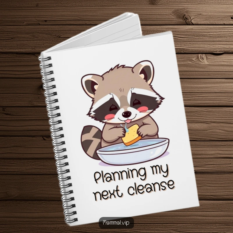 Funny Raccoon Notebook: Playful raccoon character washing food with great care, perfect for note-taking and meticulous journaling.