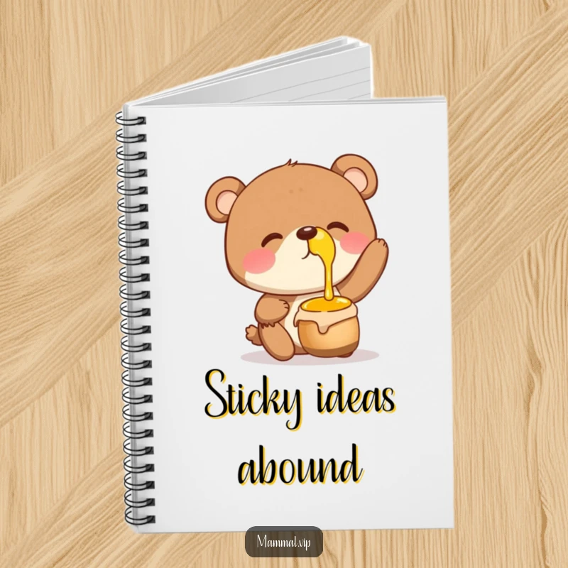 Funny Notebook cover featuring a giggling bear character balancing a honey pot on its nose, inspiring sweet notes.