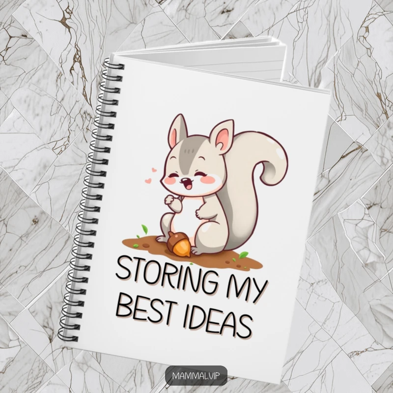 Funny squirrel notebook with a chattering character burying an acorn, perfect for jotting down notes with a humorous woodland theme.