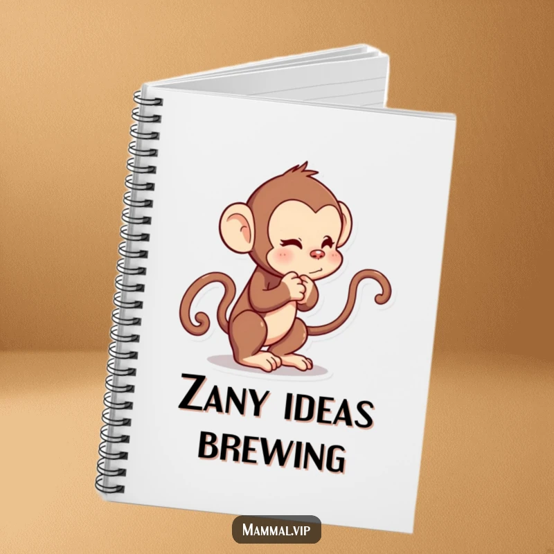 Funny notebook featuring a curious cartoon monkey character playfully tugging on its own tail.