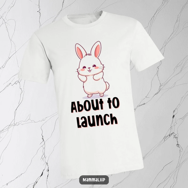 Funny Jumping Rabbit T-Shirt depicting a fluffy rabbit with hind legs extended, captured mid-jump with dynamic energy.