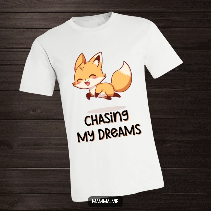 Funny playful fox character gleefully chasing its tail, depicted on a t-shirt as a humorous animal and nature design.