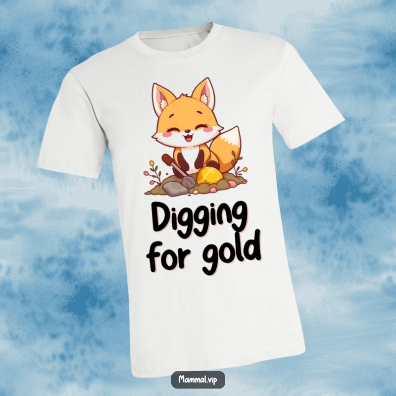Funny fox digging for treasure t-shirt, featuring an excited character seeking hidden riches, ideal for explorers and a funny gift.