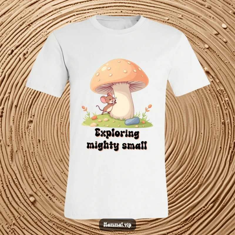 Funny tiny mouse t-shirt with a character excitedly exploring a giant mushroom, conveying a sense of wonder and adventure.