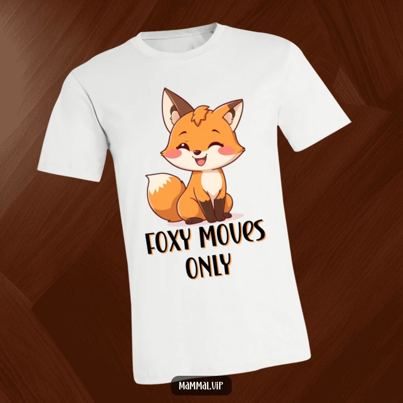 Funny t-shirt showing a cute fox character with a wide grin, mischievously wiggling its bushy tail, a charming animal design.