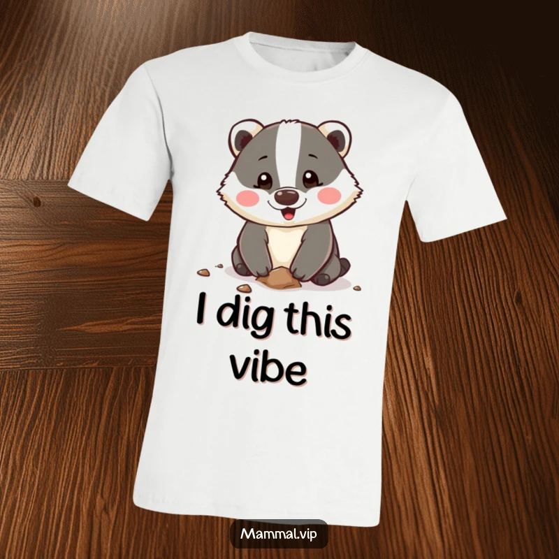 Funny T-Shirt showcasing a happy badger character enthusiastically digging with its paws, representing hard work and cheerful productivity for any wearer.