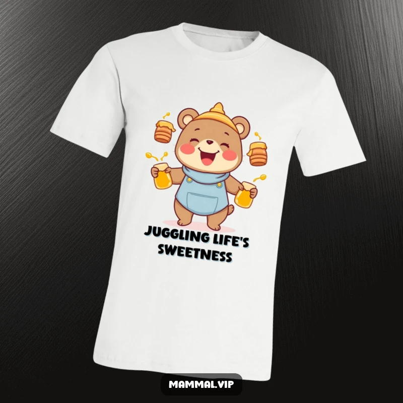 Funny joyful bear character juggling sweet honey pots, depicted on a t-shirt as a humorous animal and nature design.