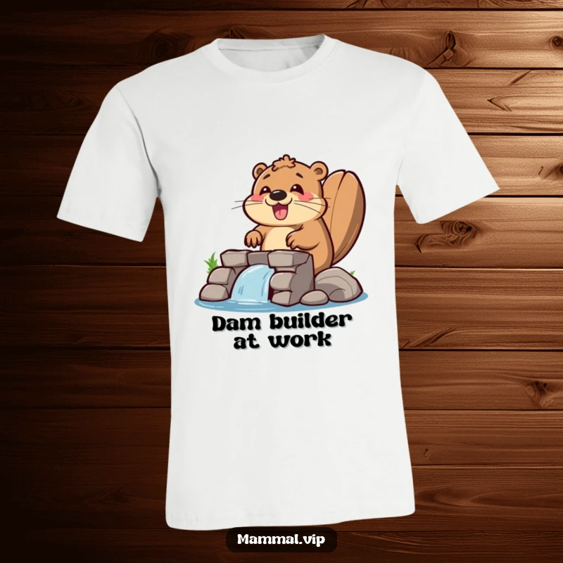 Funny beaver t-shirt depicting a happy beaver energetically building a dam, symbolizing hard work and cheerful productivity.