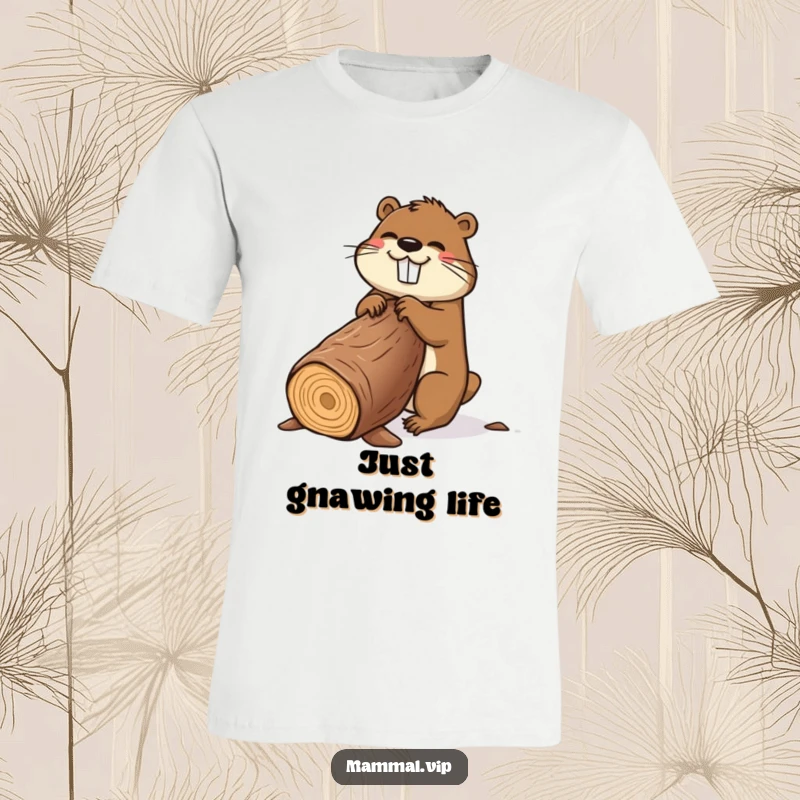 Funny beaver t-shirt showing a joyful cartoon beaver enthusiastically gnawing a giant log, a great humorous present.