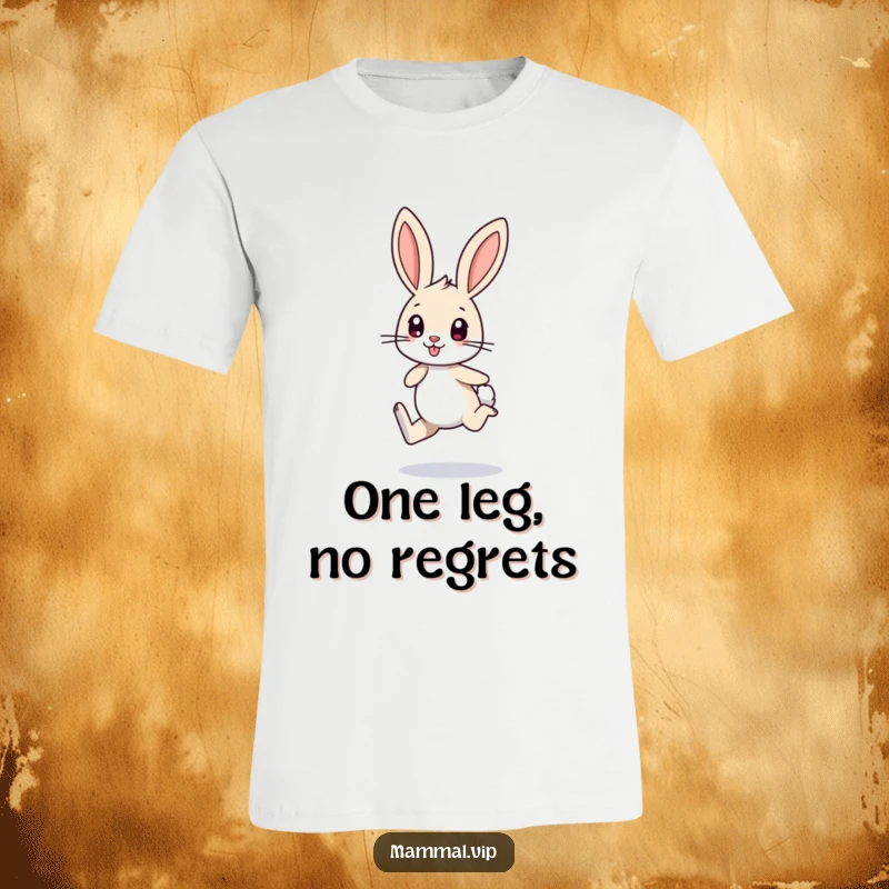 Funny t-shirt showing a small bunny character with long ears, energetically hopping on one leg, a cute and lively animal apparel.