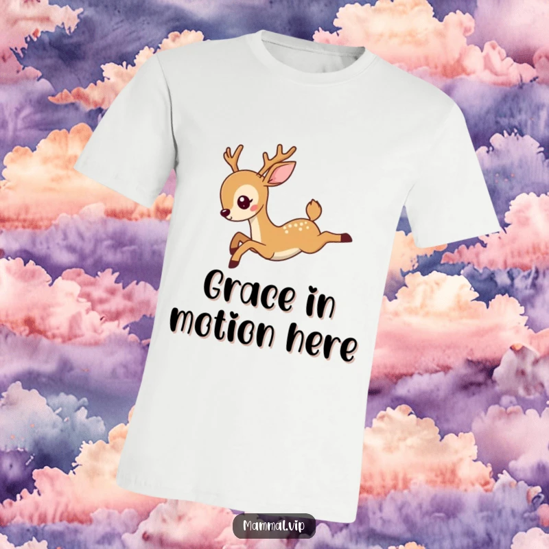 Funny deer t-shirt displaying a graceful deer character captured in a dynamic, high leap, conveying joy and whimsical movement with comedic effect.