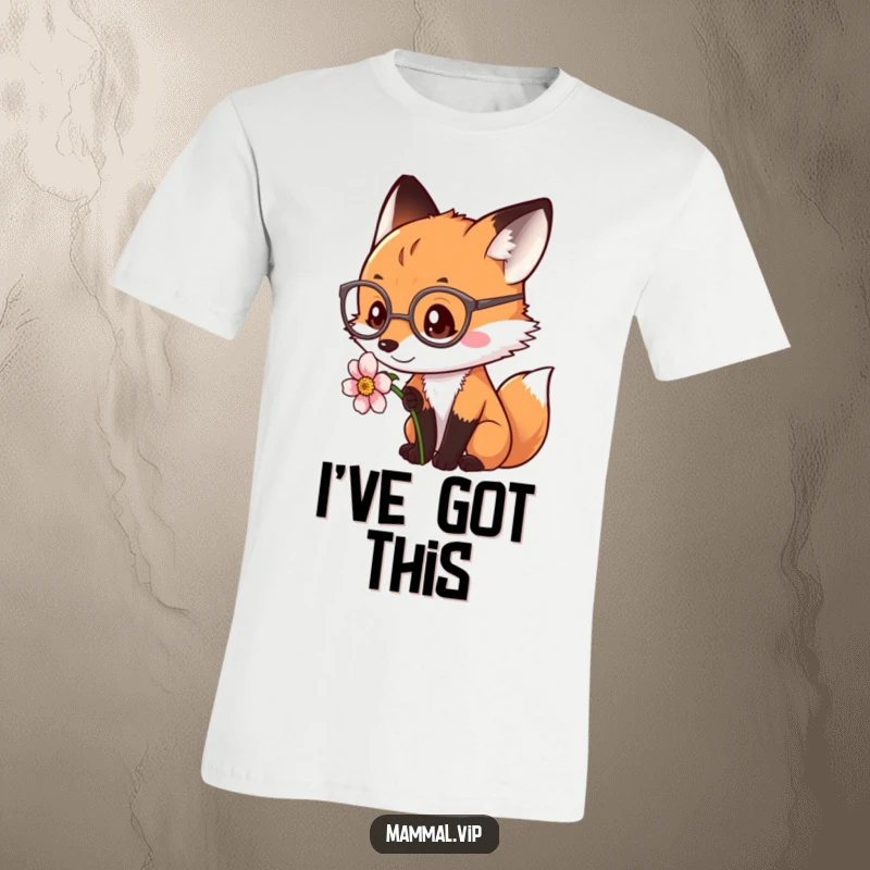 Funny fox wearing glasses, inspecting a delicate flower on a t-shirt. A witty and funny gift.