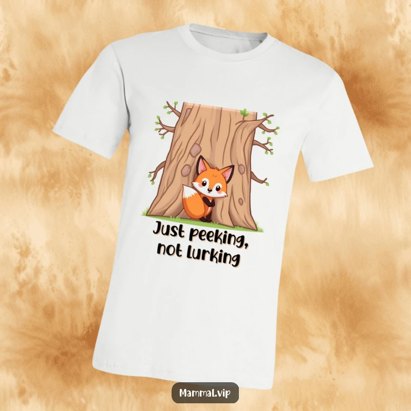 Funny fox kit t-shirt with a curious character peeking from behind an oak tree, showcasing a playful and endearing design.