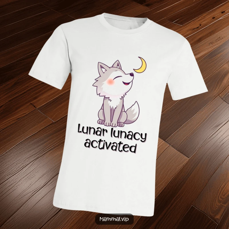 Funny wolf t-shirt depicting a cheerful wolf howling with pure glee at a majestic crescent moon, capturing wild celebration.