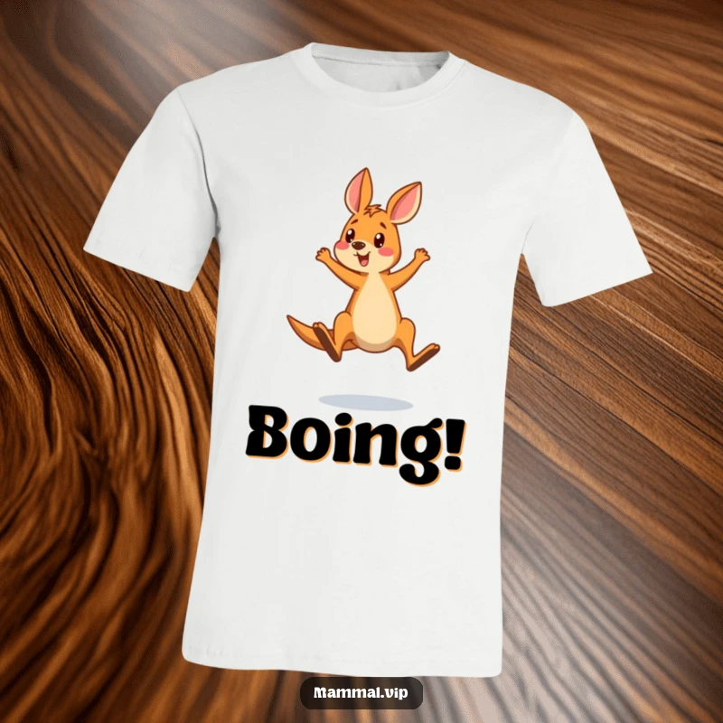 Funny t-shirt depicting a kangaroo comically overshooting a jump with a look of pure surprise, capturing a moment of unexpected action.
