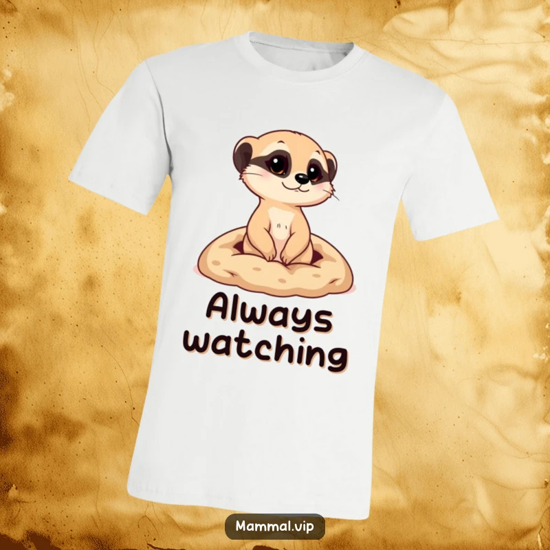 Funny t-shirt depicting a curious meerkat popping its head out from a tiny burrow, conveying a sense of observation and humor.