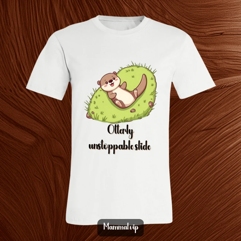 Funny T-Shirt: Cheerful otter character gleefully sliding down a grassy hill, full of joy.