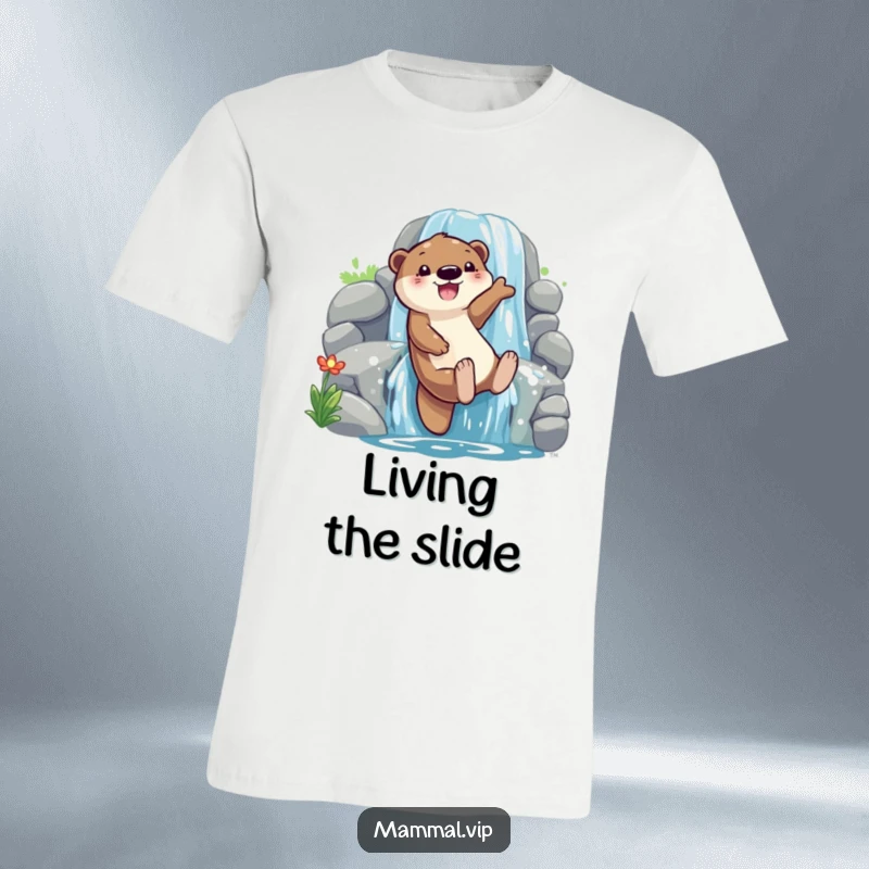 Funny otter sliding down a waterfall t-shirt, featuring a playful character with pure glee, ideal for a funny gift.