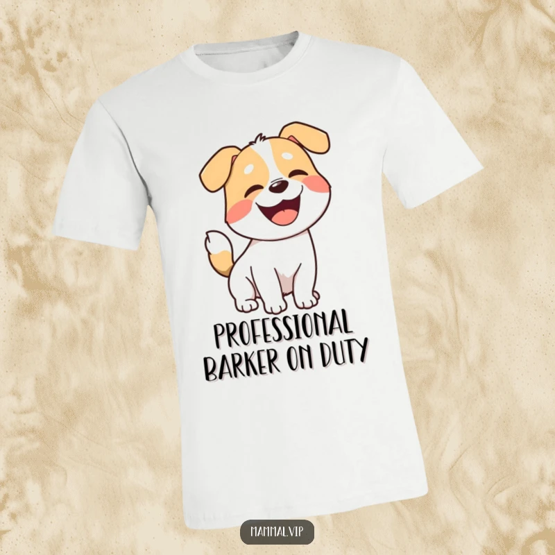 Funny dog t-shirt, a joyful cartoon dog with a wagging tail mid-bark, showcasing playful energy and a happy spirit.