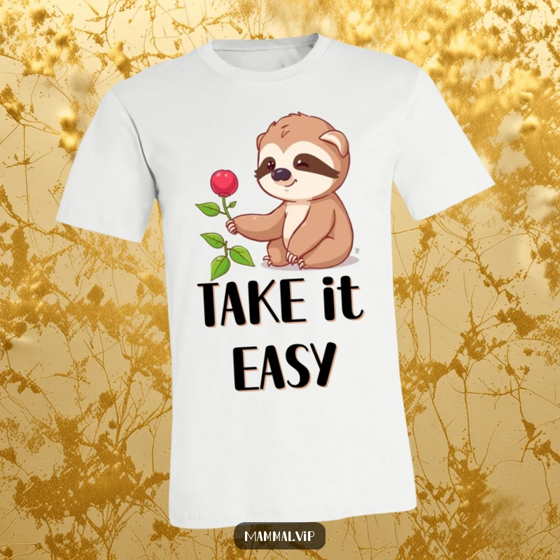 Funny t-shirt showing a smiling sloth slowly reaching for a distant berry, embodying a relaxed and humorous approach to goals.