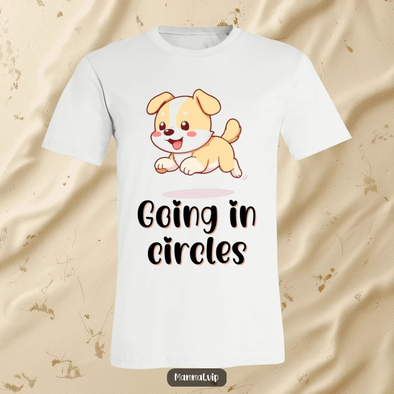 Funny dog chasing tail t-shirt, a humorous depiction of a dog spinning after its tail, great for pet enthusiasts.