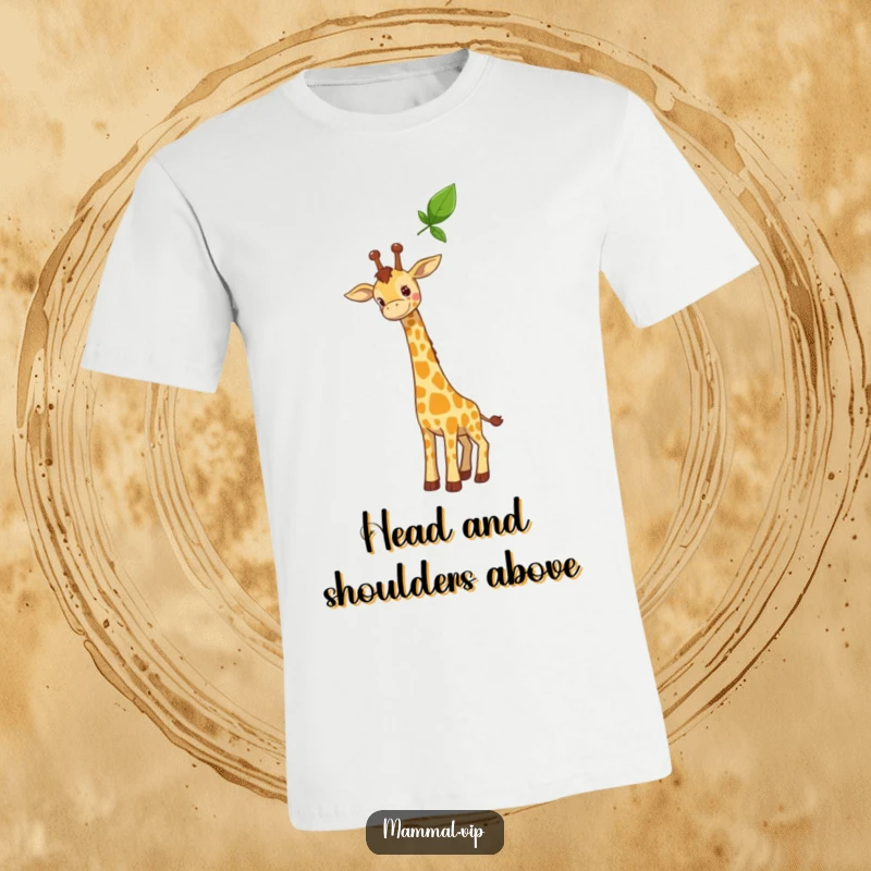 Funny t-shirt of a curious giraffe character stretching its long neck towards a high leaf, symbolizing curiosity and gentle determination.