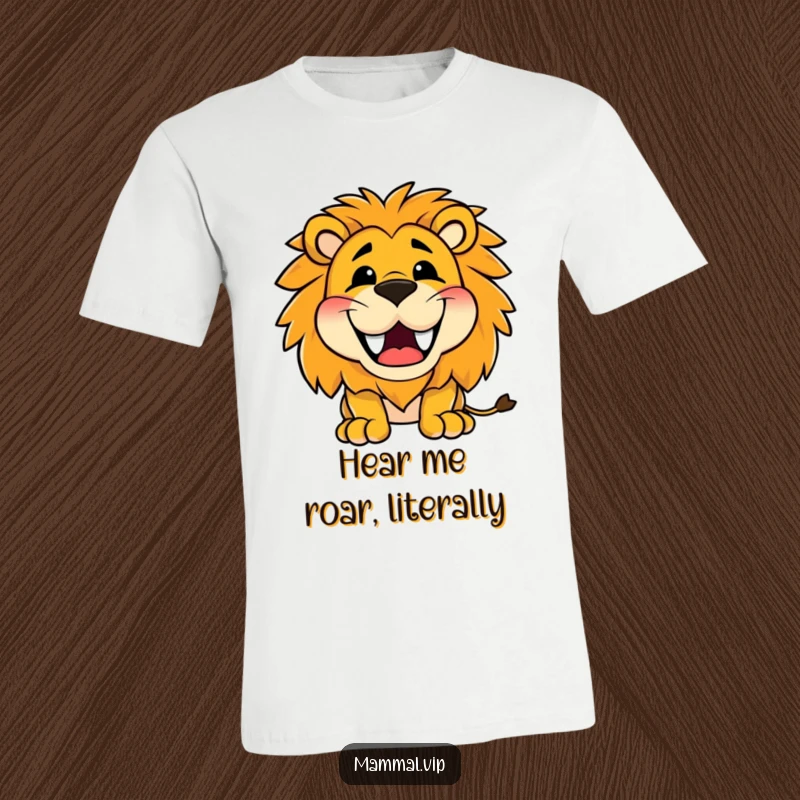 Funny t-shirt of a happy lion character roaring with a wide, toothy grin, radiating energetic and triumphant happiness.
