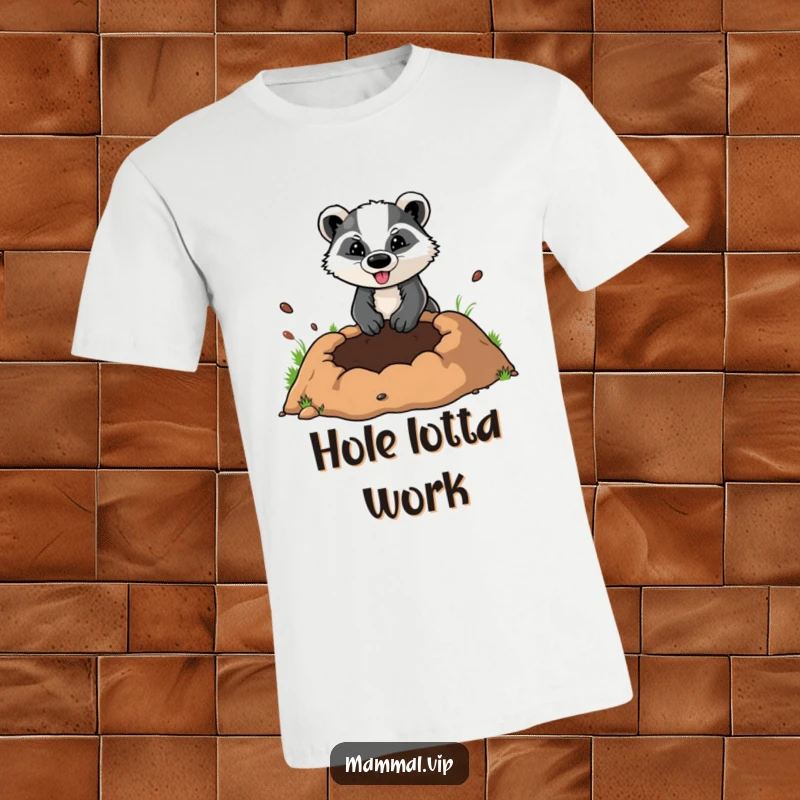 Funny t-shirt print of a focused badger character digging an impressively large hole, celebrating perseverance with humor.