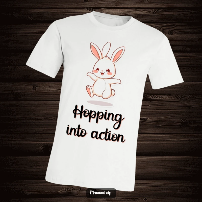 Funny T-Shirt with a cheerful rabbit character caught mid-bounce on its hind legs, showcasing an infectious sense of playfulness.