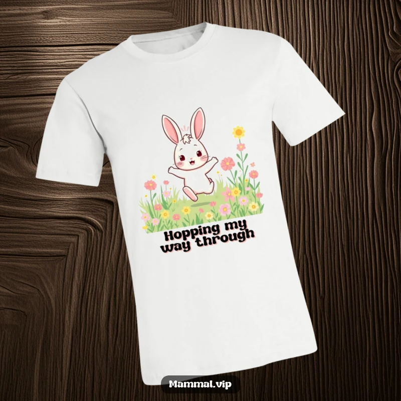 Funny bouncy rabbit t-shirt with a character enthusiastically hopping through a flower field, conveying pure joy and energy.
