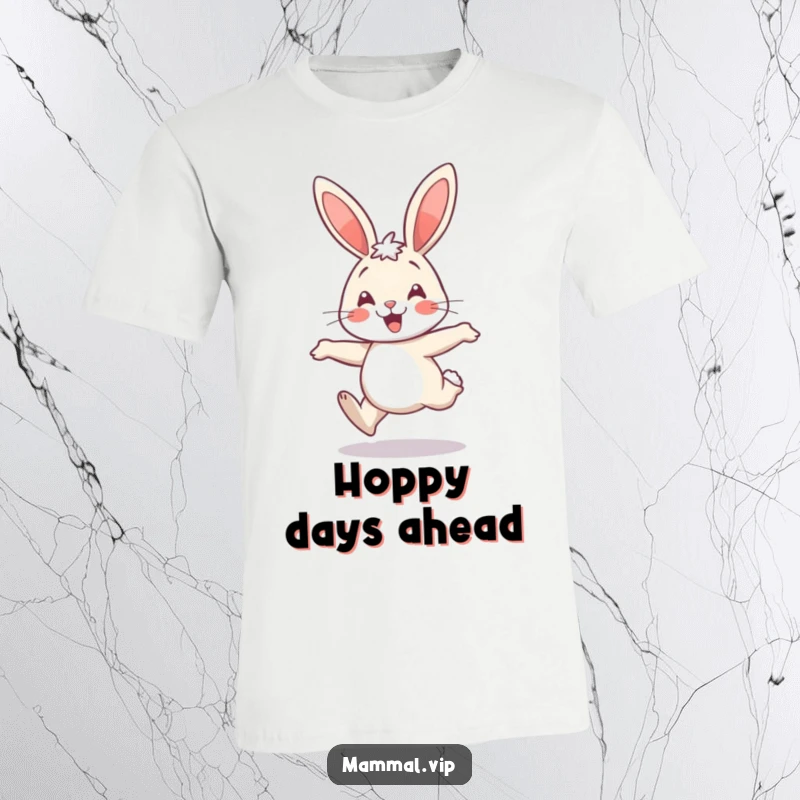 Funny happy rabbit jumping joyfully, a vibrant and humorous t-shirt.