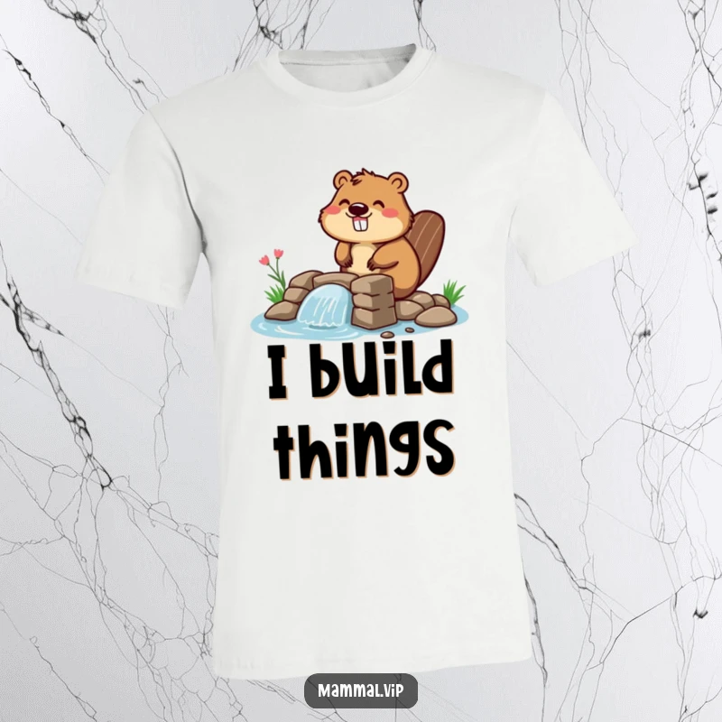 Funny beaver t-shirt showcasing a cheerful character enthusiastically constructing a small dam, ideal for outdoor enthusiasts and lovers of witty apparel.