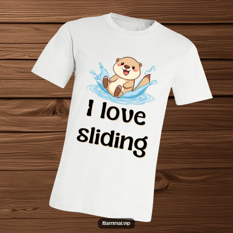 Funny happy otter character on a t-shirt, joyfully sliding down a water splash with exuberance.