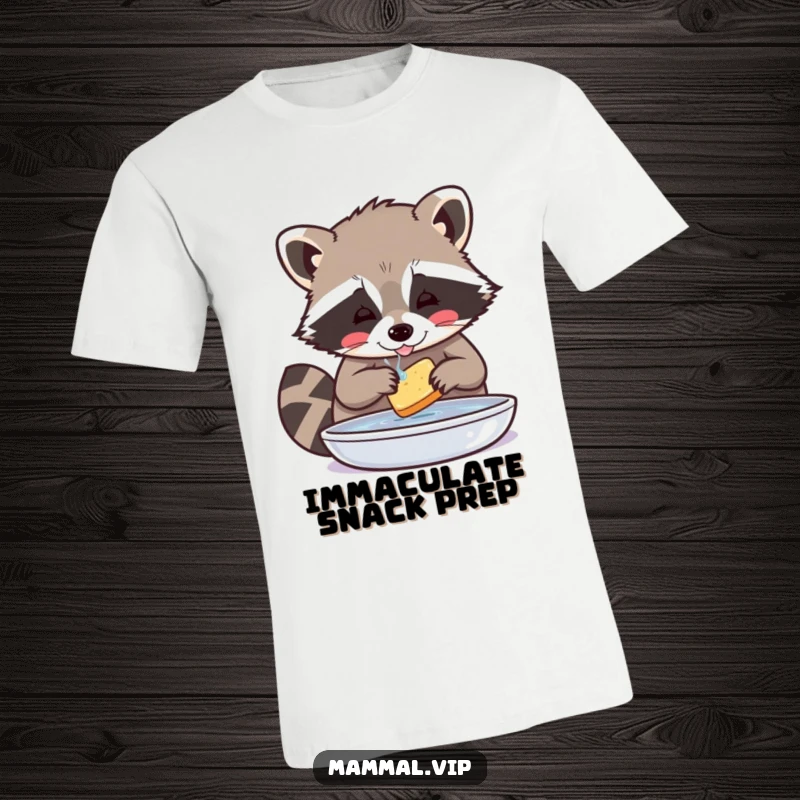 Funny Raccoon T-Shirt: A playful raccoon carefully washes a small food item, embodying meticulous humor and charming tidiness.
