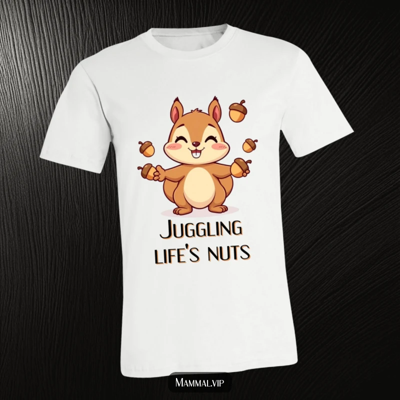 Funny Squirrel T-Shirt: A cheerful squirrel character juggling acorns with a wide smile, embodying playful energy.