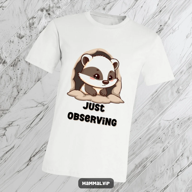 Funny t-shirt displaying a curious badger peeking alertly from its earthy burrow entrance, conveying a sense of gentle intrigue.