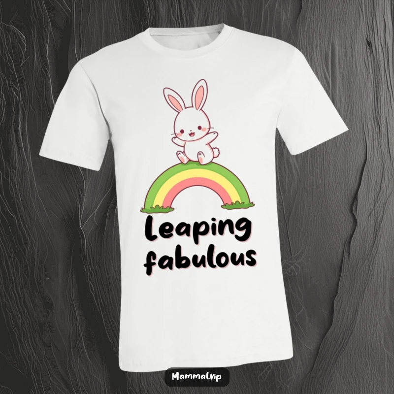 Funny rabbit rainbow hop t-shirt, featuring a cute character joyfully leaping over a rainbow, a perfect funny gift.