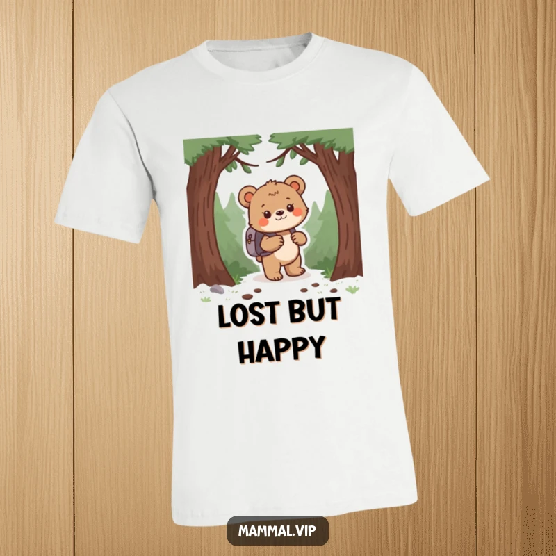 Funny bear cub wearing a backpack, adventuring through a vibrant forest on a comfortable t-shirt. A playful gift.