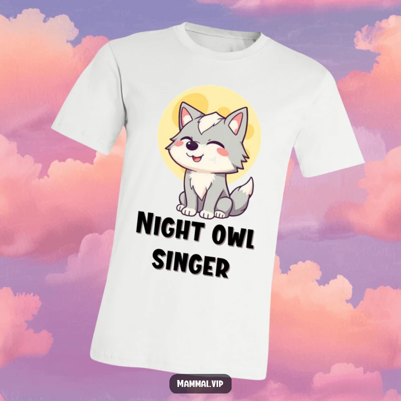 Funny t-shirt with a winking wolf confidently howling at a big full moon, radiating a sense of fun and adventure.