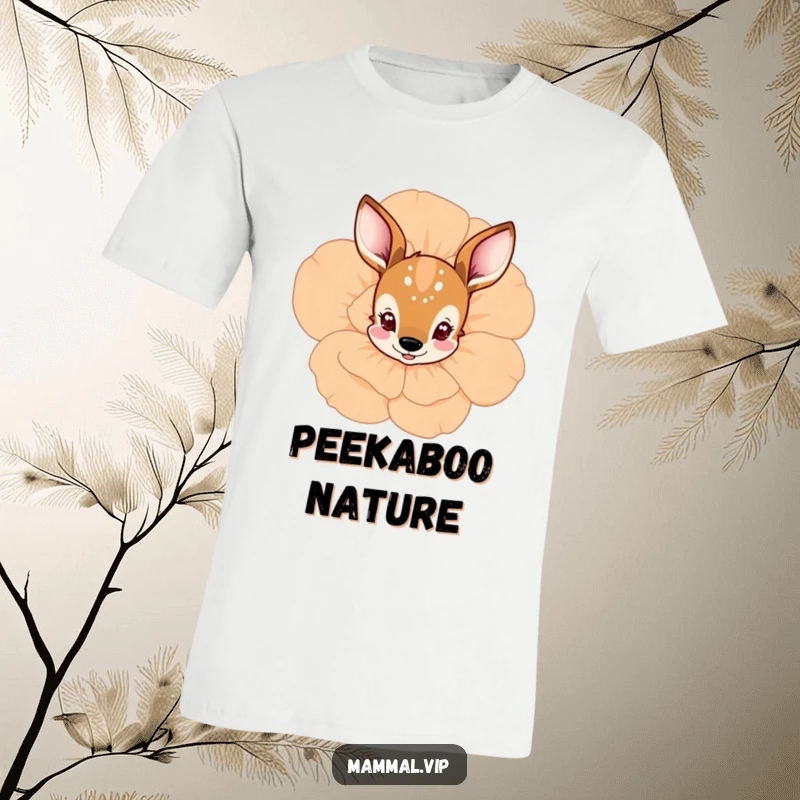 Funny deer peeking from behind a flower t-shirt, featuring a curious character with gentle charm, ideal for a funny gift.
