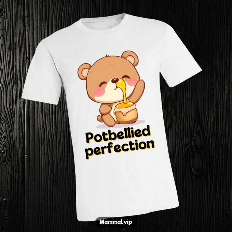 Funny T-Shirt displaying a giggling bear character attempting to balance a dripping honey pot on its nose, full of glee.