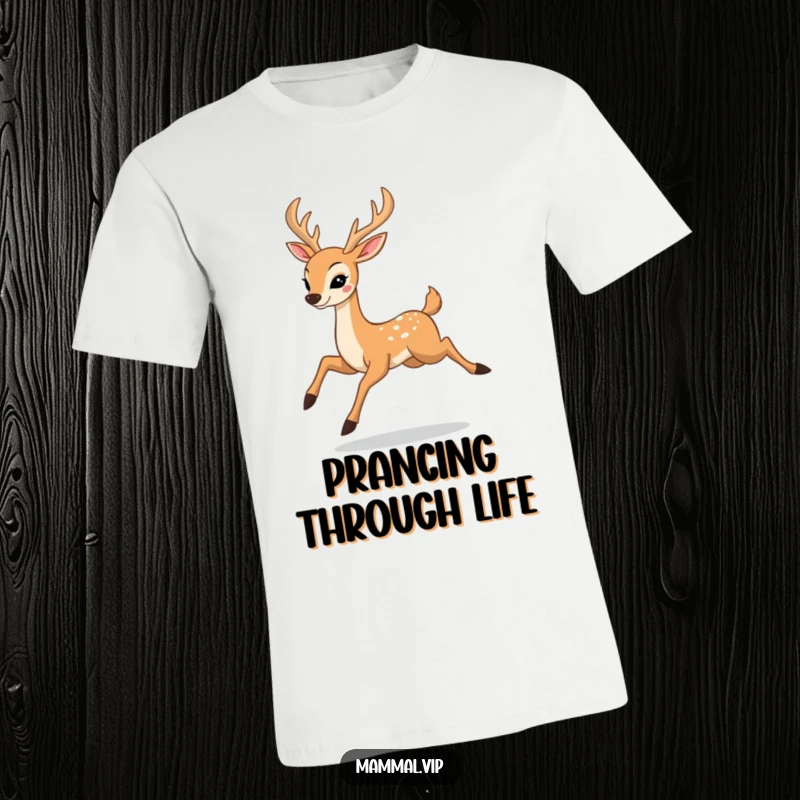 Funny t-shirt print of a joyful deer character elegantly prancing and leaping, embodying freedom and natural beauty with humor.