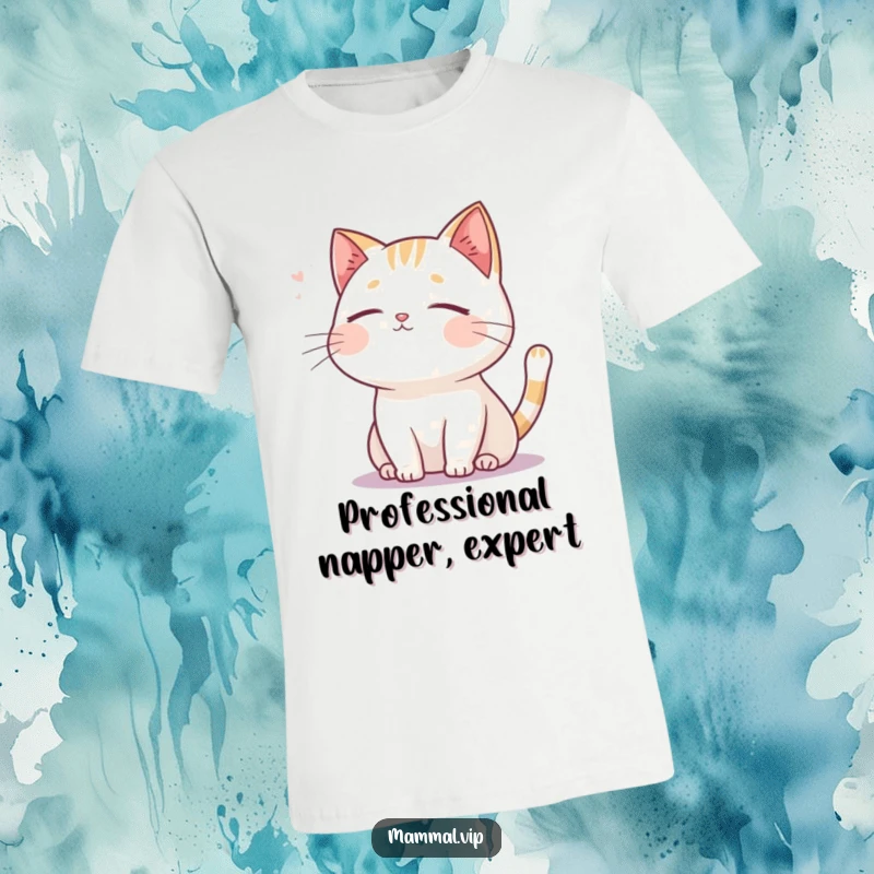 Funny cat t-shirt, a serene cartoon cat with closed eyes, enjoying the gentle sensation of a refreshing breeze.