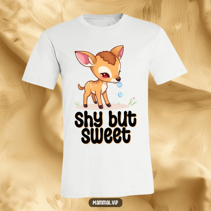 Funny shy deer fawn t-shirt featuring a delicate character cautiously sniffing a dewdrop, capturing a moment of quiet wonder in nature.