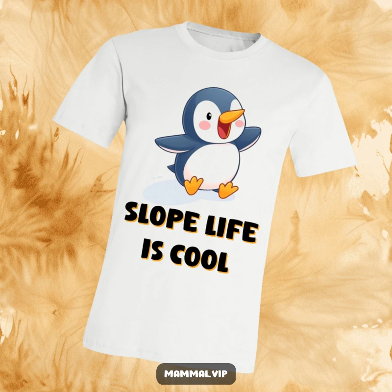 Funny penguin t-shirt with an excited character waddling down a snowy slope, ideal for winter lovers and those who appreciate playful attire.