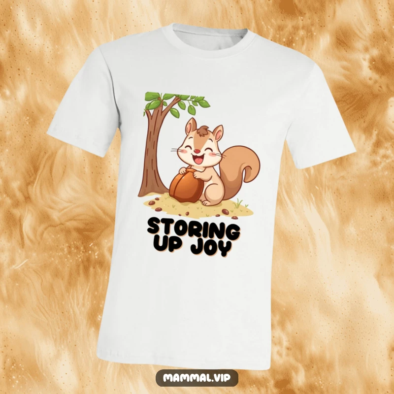 Funny T-Shirt displaying a happy squirrel character enthusiastically burying a comically large acorn, highlighting its focus and joy.